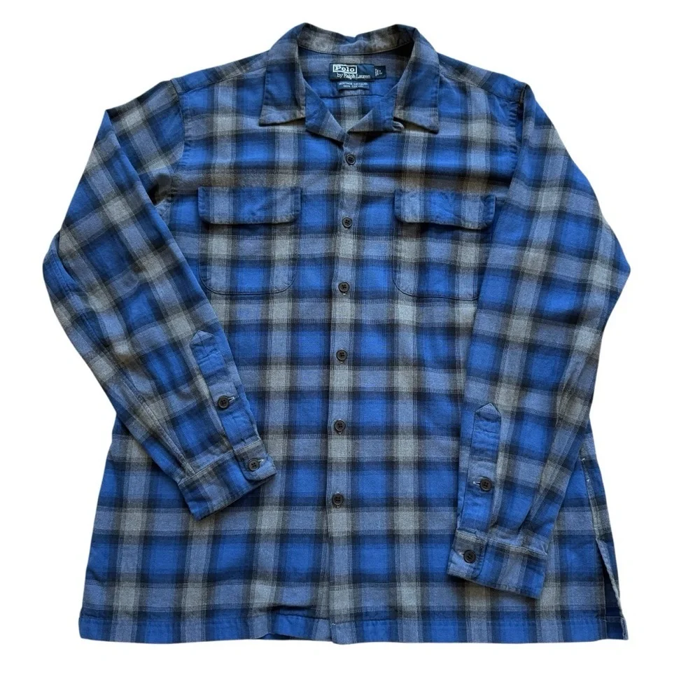 Polo Ralph Lauren HERITAGE SKI CAMP Shirt Men's L Blue Gray Plaid Button Front